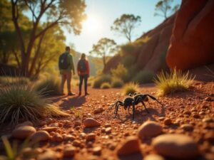 A vibrant Australian outback landscape with scientists, Indigenous trackers, and educators exploring rocky terrain and dense bushland. Include magnified views of newly discovered species—such as glowing fungi, camouflaged spiders, and colorful wasps. Background should hint at ecological richness with native plants, termite mounds, and hidden caves. Light sunlight filters through eucalyptus trees, suggesting discovery and wonder.
