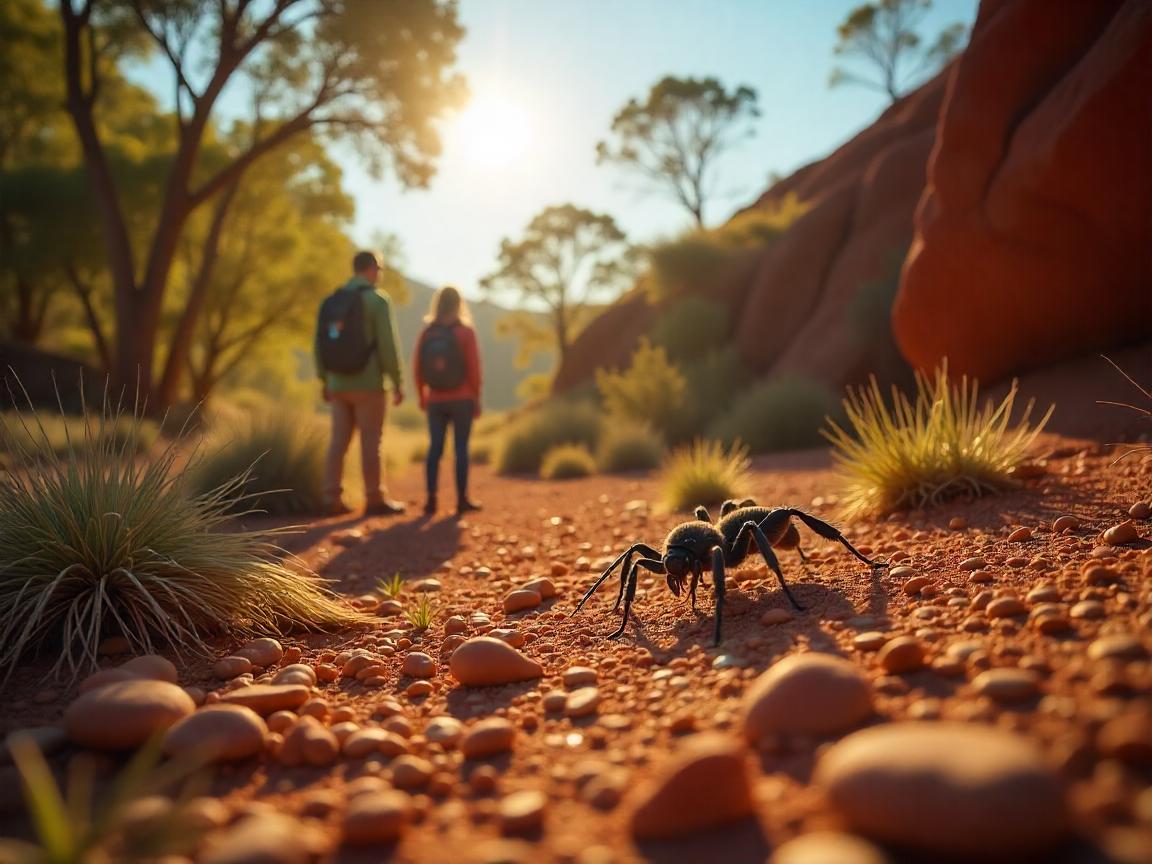 A vibrant Australian outback landscape with scientists, Indigenous trackers, and educators exploring rocky terrain and dense bushland. Include magnified views of newly discovered species—such as glowing fungi, camouflaged spiders, and colorful wasps. Background should hint at ecological richness with native plants, termite mounds, and hidden caves. Light sunlight filters through eucalyptus trees, suggesting discovery and wonder.